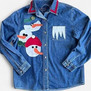 Vintage Denim Cottage Embroidered Christmas Snowman Patchwork Button Down Shirt